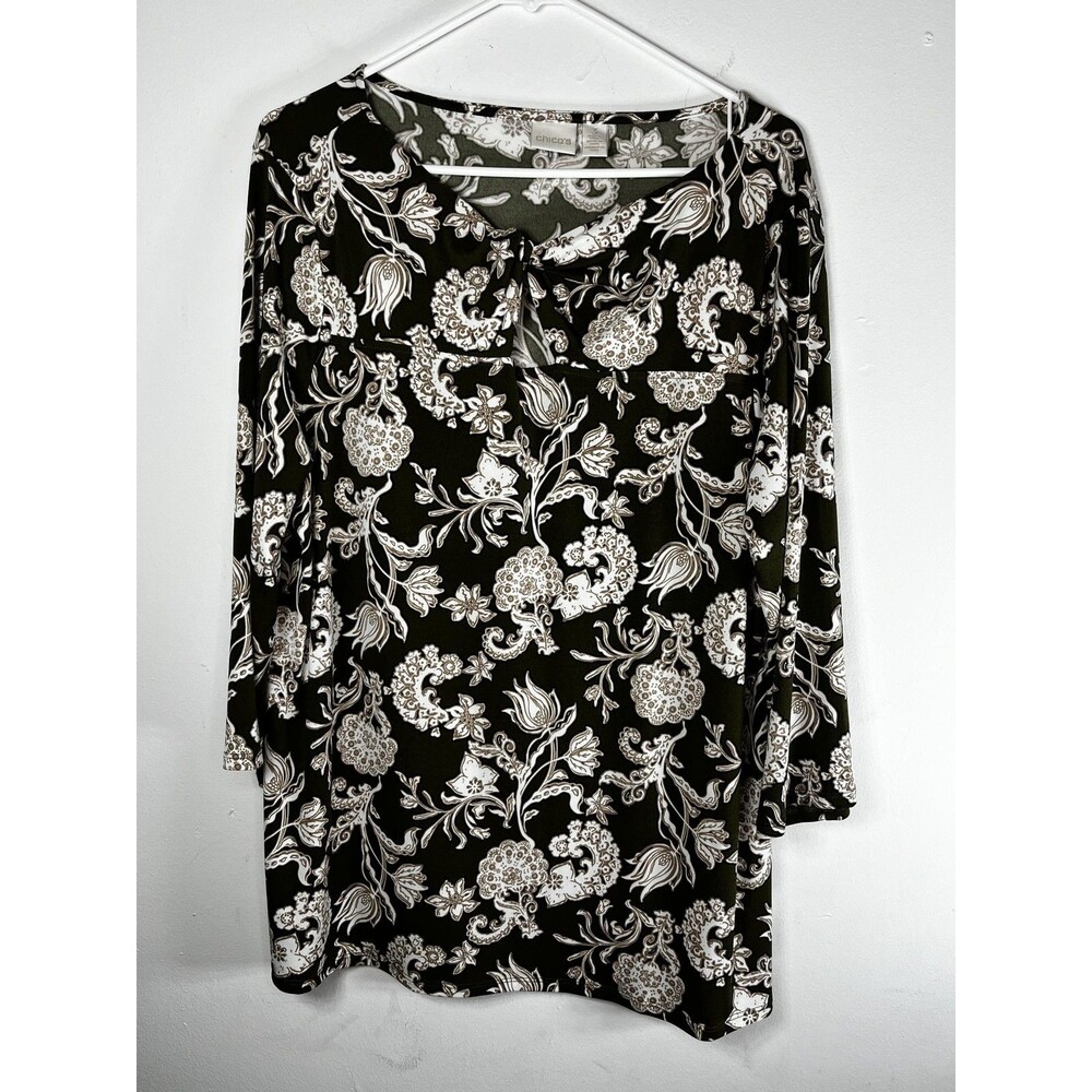 Chico's Blouse Womens 3 XL Green Floral Round Neck 3/4 Sleeve Jersey Tunic Top